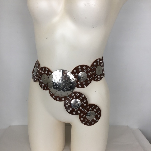 Women’s Bohemian Wide Leather Round Concho Western Belt Brown Silver Grommets main image 4